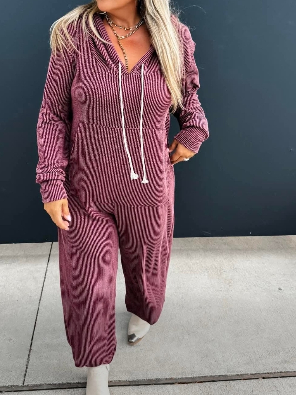 Blakeley Burgundy Waffle Knit Hooded Jogger Jumpsuit Pockets Drawstring S